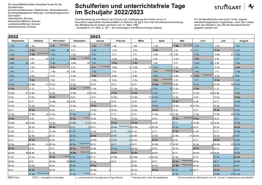 Schulferien in Stuttgart 2022-2023